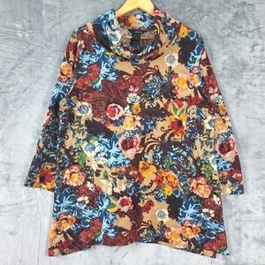 Ali Miles Top Womens XL Artsy Art To Wear Boho Lagenlook Cowl Neck Floral Casual